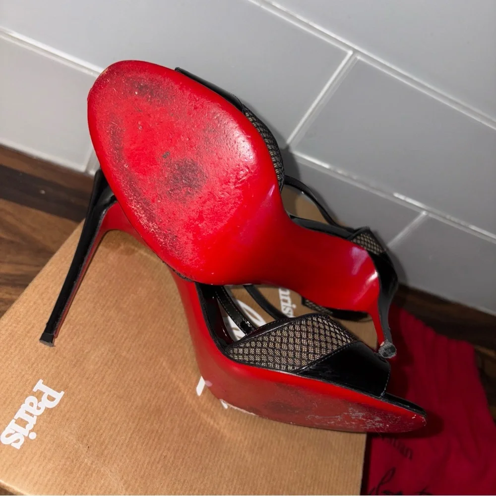 Christian Louboutin Black Patent & Mesh Slingback Heels with Red Soles